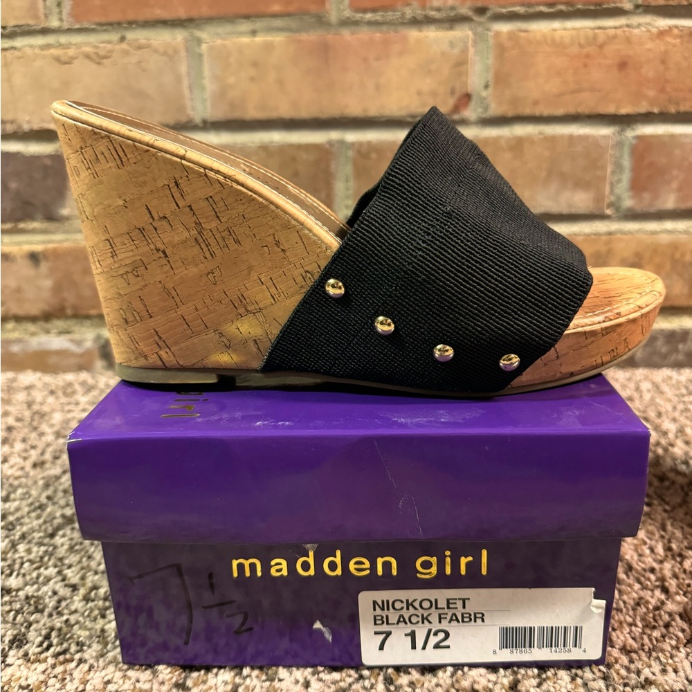 Womens Madden Girl Nickloet Slide Stretch Wedge Heel Black Size 7 1/2